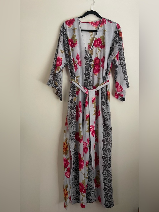 Anne Klein Other - VTG Anne Klein Floral Robe And Slip Dress Set Size M Black Pink Ruffle W/ Slits